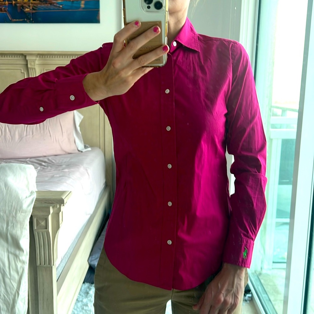 Ralph Lauren size 6 magenta with green pony slim fit button down shirt